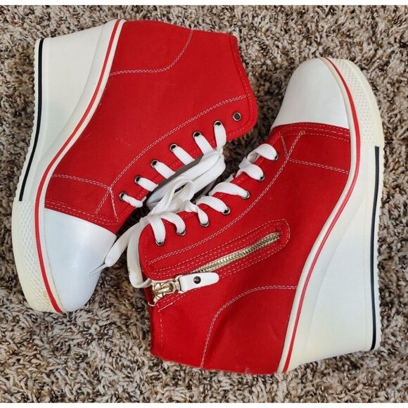 Sports Red & White Sneaker Wedges, Sz 41 - Picture 8 of 10